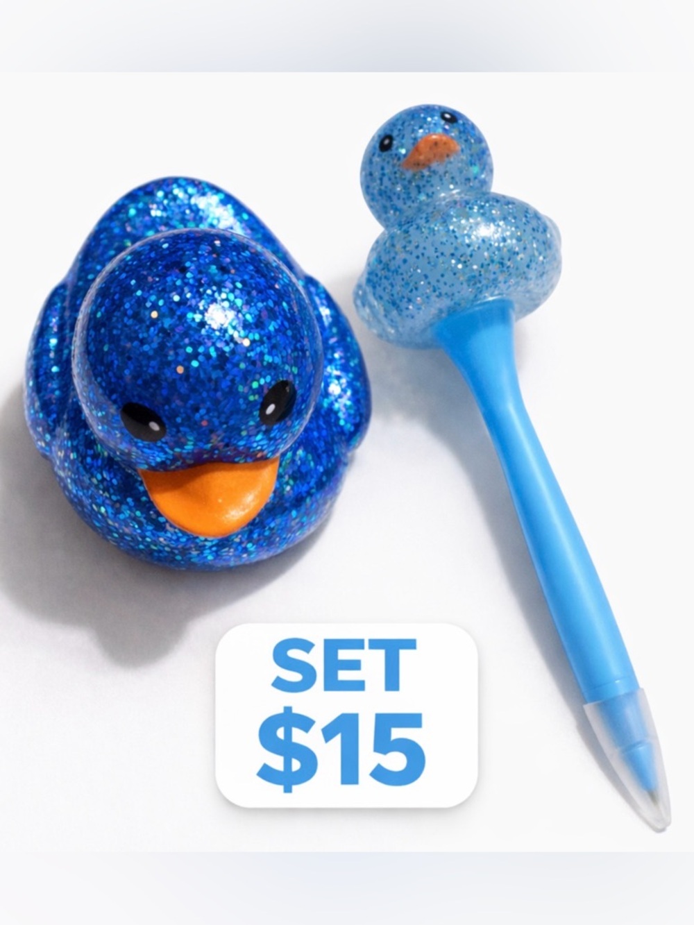 Blue Glitter Duck Pen Set Cute Desk Decor Gift Aesthetic Office Bundle